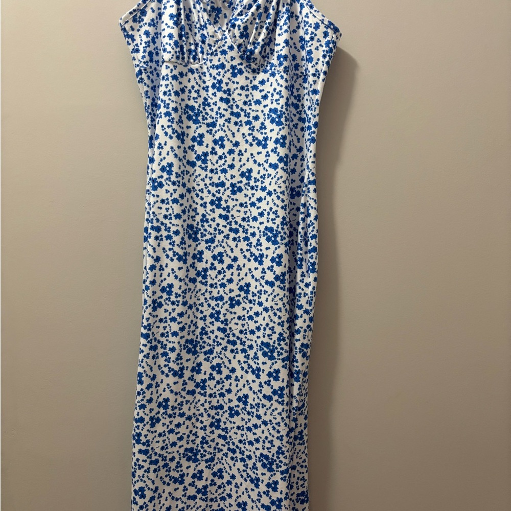SHEIN Blue and White Cowl Neck Maxi Dress